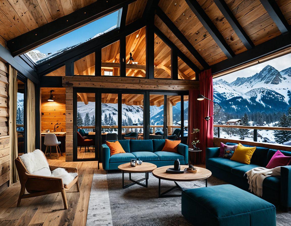 A scenic landscape showcasing a picturesque wooden chalet nestled in snowy mountains, transitioning smoothly to a chic, modern boutique hotel in a bustling cityscape. Each lodging style should be vibrant, inviting and epitomize comfort and uniqueness, blended seamlessly together. super-realistic. vibrant colors.