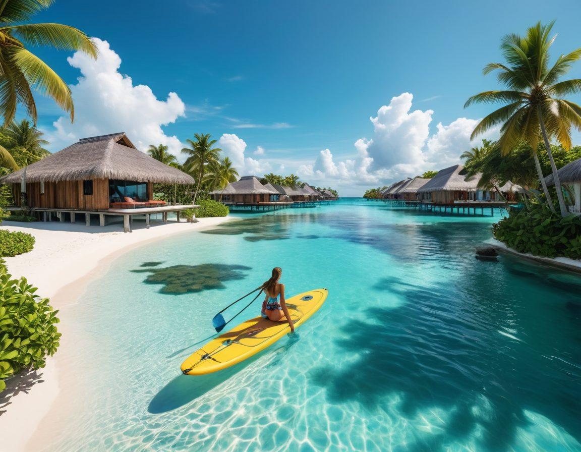 A serene, tropical beach resort with luxurious overwater bungalows, surrounded by crystal-clear turquoise waters and lush greenery. Include an infinity pool overlooking the ocean and guests enjoying various activities like paddleboarding and dining on the beach. Make the scene vibrant and inviting, capturing the essence of an extraordinary vacation experience. super-realistic. vibrant colors. white background.